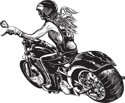 An woman riding motorcycle. An hand drawn vector. Freehand drawing on white, isolated.