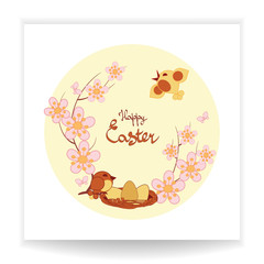 Easter background with birds in the nest, vector illustration