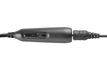 Black hands-free mobile phone audio headset microphone garniture macro closeup, isolated horizontal...