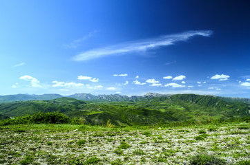 Green meadow in mountain. Composition of nature. Beautiful landscape of Big Caucasus spring view of nature. Spring in Azerbaijan. Shamakhi Ismailli