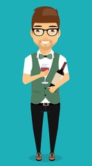 Young boy is working as a bartender. Isolated on a blue background in cartoon style. Bartender holding a glass in one hand into another bottle of wine.
