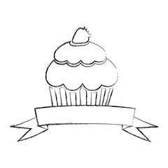 monochrome blurred contour of cupcake with strawberry and ribbon vector illustration