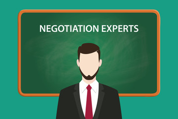 negotiation experts white text illustration with a beard man wearing black suit standing in front of green chalk board