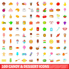 100 candy and dessert icons set, cartoon style