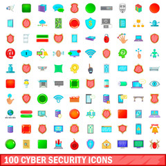100 cyber security icons set, cartoon style
