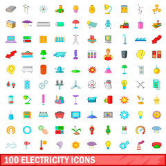 100 electricity icons set, cartoon style