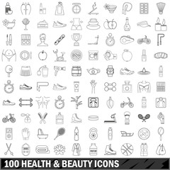 100 health and beauty icons set, outline style