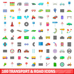 100 transport and road icons set, cartoon style
