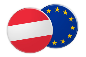 Politics News Concept: Austria Flag Button On EU Flag Button, 3d illustration on white background