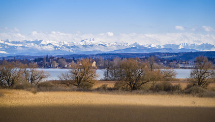 Schöner Alpenblick am Bodensee mit blauen Himmel 