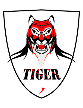 tiger, tiger head mascot on shield.