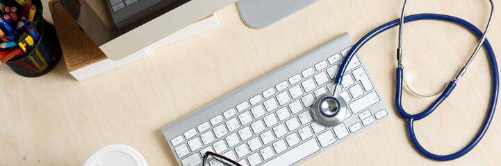 Medicine doctor working table view from top