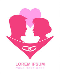 Couple silhouette in pink, combine with wedding ring icon .