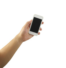 Mobile phone in hand isolated on white background.