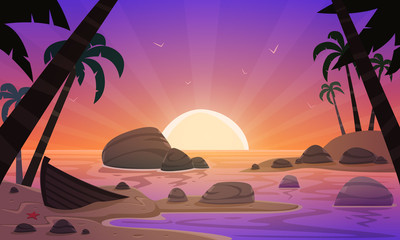 Cartoon Sunset Tropical Beach