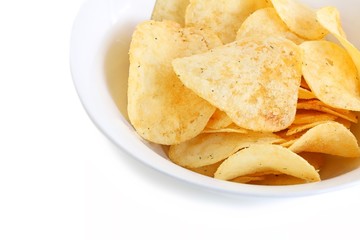 Potato Chips in a White China Bowl on White Background