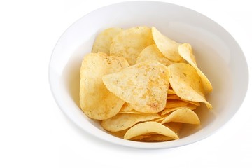 Potato Chips in a White China Bowl on White Background