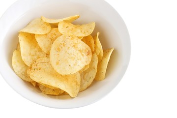 Potato Chips in a White China Bowl on White Background