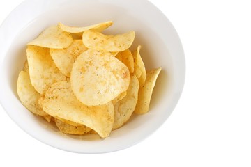 Potato Chips in a White China Bowl on White Background