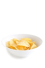 Potato Chips in a White China Bowl on White Background