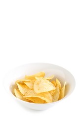 Potato Chips in a White China Bowl on White Background