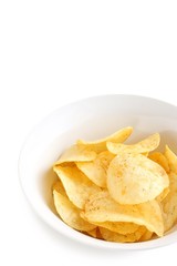 Potato Chips in a White China Bowl on White Background