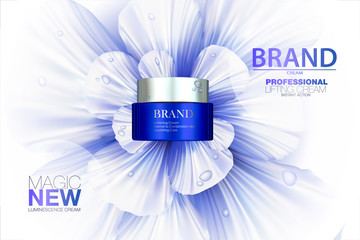 Premium cream ads. Blue graceful cosmetic ads, hydrating facial cream. 3D illustration.