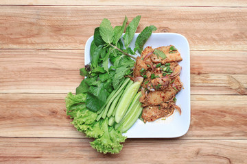 Spicy Grilled Pork Salad of thai foods.