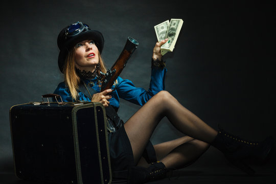 Steampunk girl with cash.