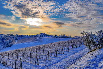 landscape of Chianti in Tuscany with vineyards covered by snow