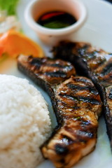 Healthy food: Steak fish rice and soy sauce on a plate close-up