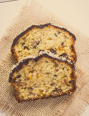 Vintage photo, Fresh baked fruitcake on white boards