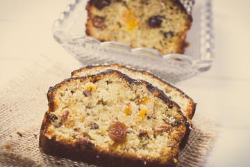 Vintage photo, Fresh baked fruitcake on boards