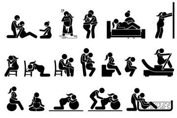 Fototapeta Childbirth labor positions and postures at home. Natural birthing class that include yoga, exercise, meditation, and water birth technique. Illustrations in stick figures pictogram. obraz
