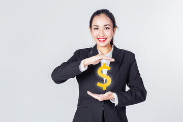 asian business woman smile  and show vision and symbol of money business ideas concept