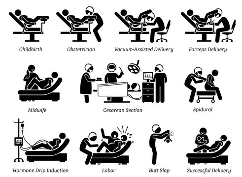 Childbirth at hospital. Ways to deliver baby at hospital by doctor or obstetrician. Methods are vaginal delivery, vacuum assisted, forceps, and Cesarean. Illustration in stick figures pictogram. 