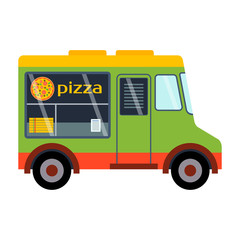 Street food festival pizza trailer vector restaurant car.