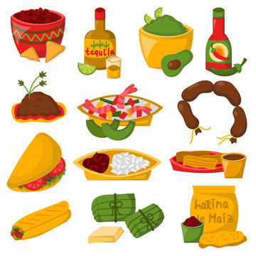 Mexican traditional food with meat avocado tequila corn isolated and spicy pepper salsa lunch sauce cuisine vector illustration
