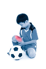 Full body of asian soccer player with pain at thigh. Isolated on white background.