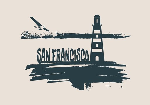Lighthouse on brush stroke seashore. Clouds line with retro airplane icon. Vector illustration. San Francisco city name text.