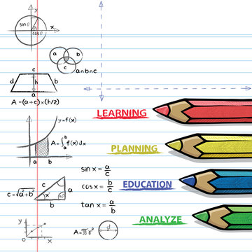 Color pencils and mathematical formulas. Drawing of mathematical on the paper in doodle style. Concept for education.