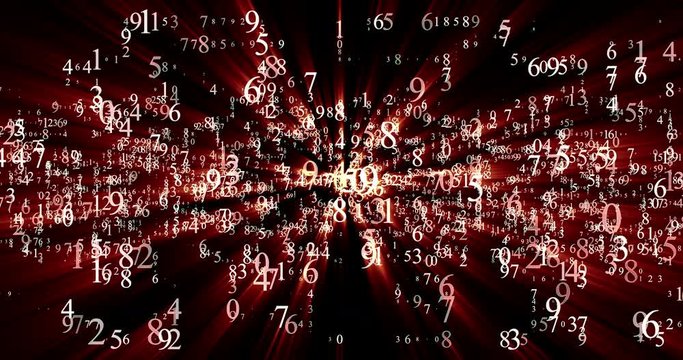 Digital technologies. Burst set of random numbers glowing on a black background. 