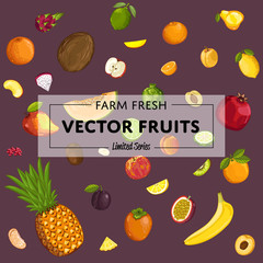 Farm fresh fruit poster vector illustration. Natural product, juicy fruit, vegetarian delicious nutrition, organic healthy food. Pear, lime, melon, avocado, banana, peach, coconut, apple, orange.