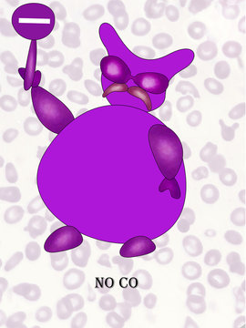 NO CO (No Carbon Monoxide)   All parts of this illustration are ispired from morphological varations of red blood cells in the back ground photo. Red blood cells turn blue on exposure to CO.