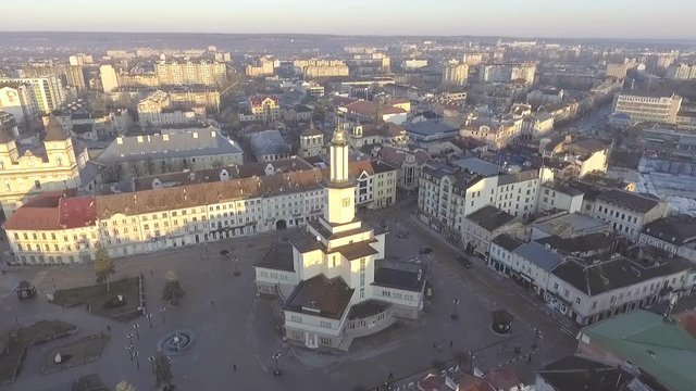 Aerial view of Ratusha in Ivano-Frankivsk, Ukraine, main benchmark of city.