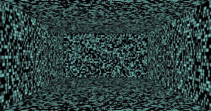 Box of random binary code glowing on a black background