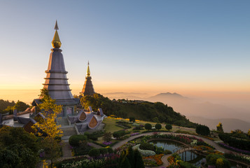 two pagoda view on the top of Inthanon mountain, Chiang Mai province, Thailand.