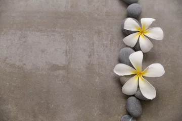 Keuken spatwand met foto Spa steen met twee frangipani op grijze achtergrond. © Mee Ting