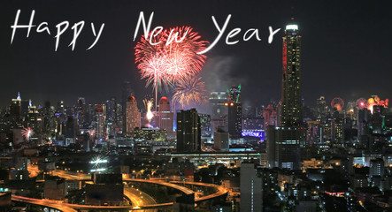 Happy new year 2017 and firework at Bangkok central city, Thailand.
