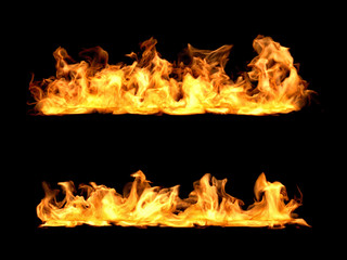 3d rendering of bright orange fire flames in two rows on black background.